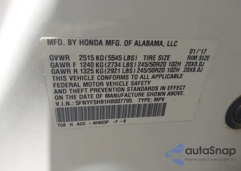 2017 Honda Pilot Touring z USA, uszkodzony, nr VIN 5FNYF5H91HB007795